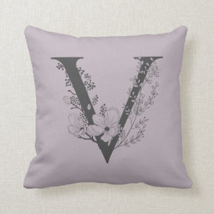 Elegant V Boho Floral Monogram Initial Lilac Gray Throw Pillow
