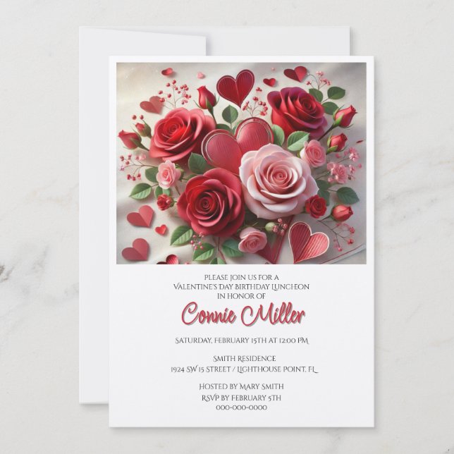 Elegant  Valentine Birthday Luncheon  Invitation (Front)