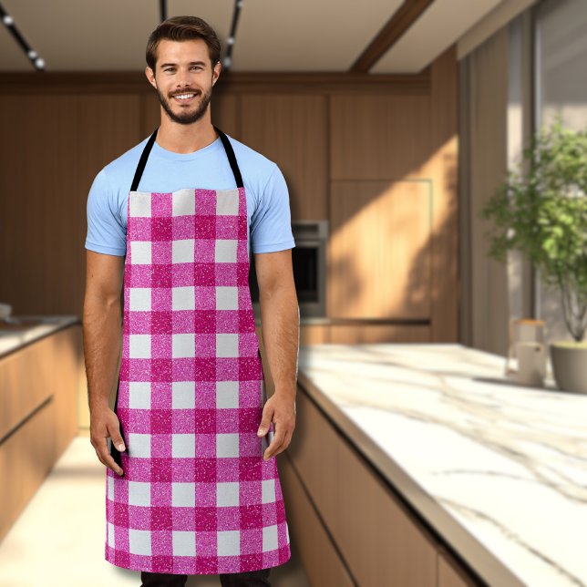 Elegant Valentine Pink Glitter Tartan on White Apron (Creator Uploaded)