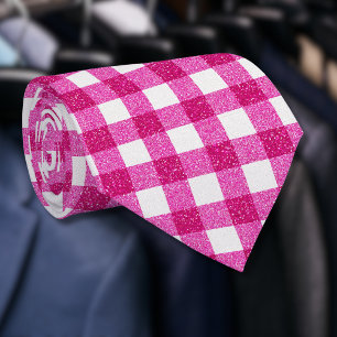 Elegant Valentine Pink Glitter Tartan on White Neck Tie