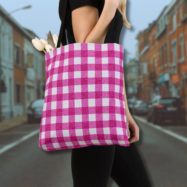 Elegant Valentine Pink Glitter Tartan on White Tote Bag (Creator Uploaded)