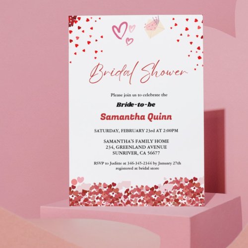 Elegant Valentine pink  Red heart Bridal Shower  Invitation