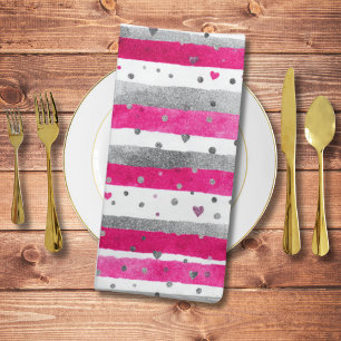Elegant Valentine Pink Silver Hearts on Striped Cloth Napkin