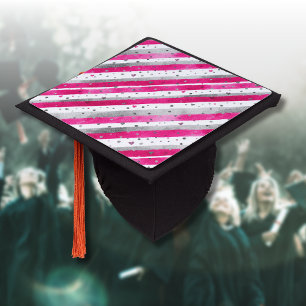 Elegant Valentine Pink Silver Hearts on Striped Graduation Cap Topper