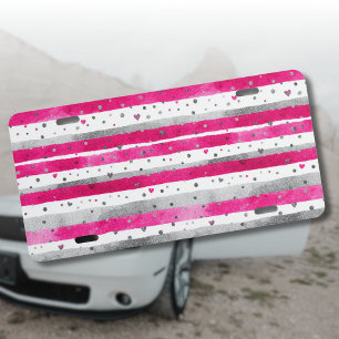 Elegant Valentine Pink Silver Hearts on Striped License Plate
