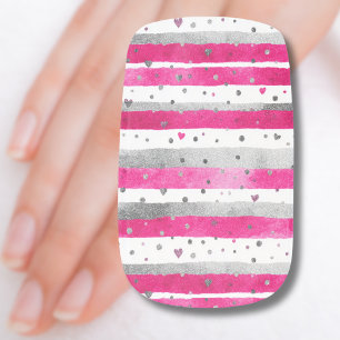 Elegant Valentine Pink Silver Hearts on Striped Minx Nail Art