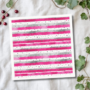 Elegant Valentine Pink Silver Hearts on Striped Napkins