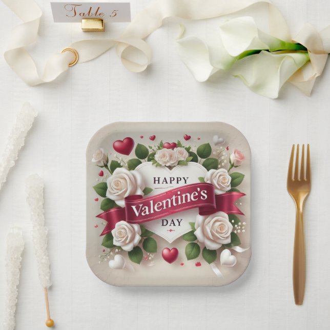 Elegant Valentine's Day Design with Roses, Hearts Paper Plates (Wedding)