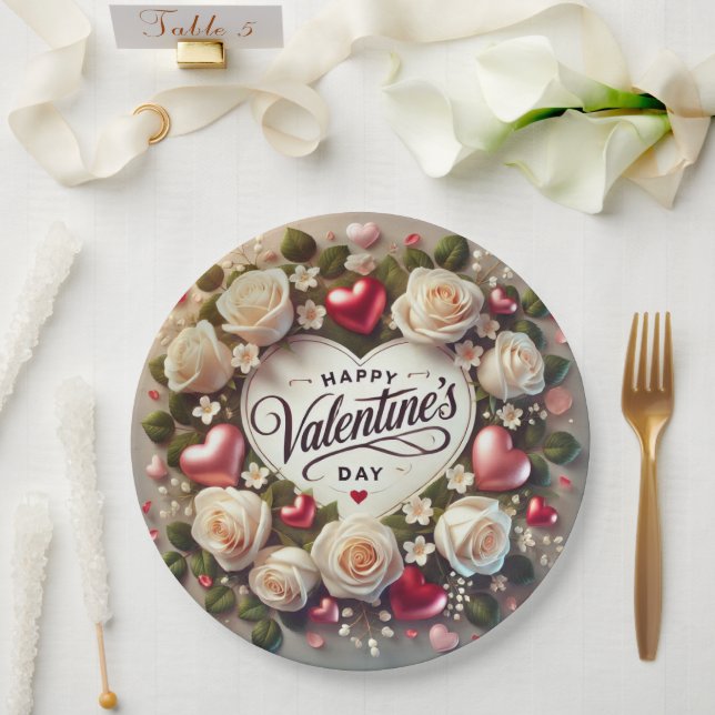 Elegant Valentine's Day Design with Roses Paper Plates (Wedding)