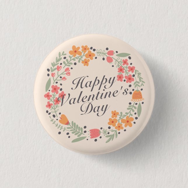 Elegant Valentine's Day Floral Wreath Pin Button (Front)