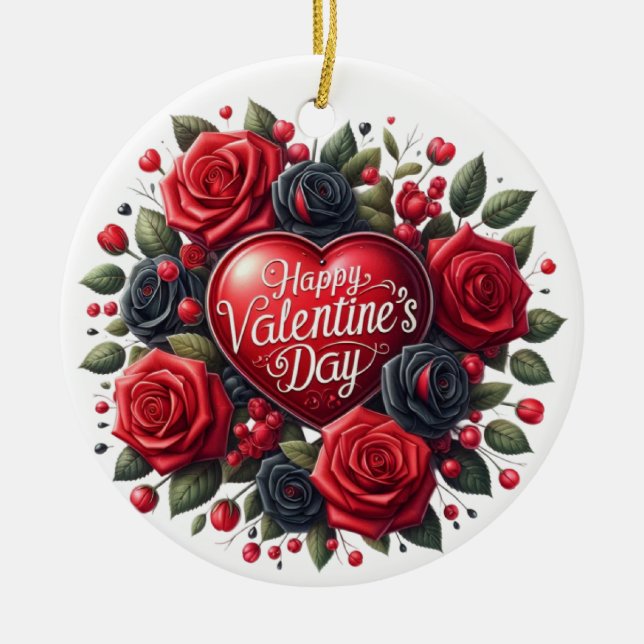 Elegant Valentine's Day Heart with Roses  Ceramic Ornament (Front)