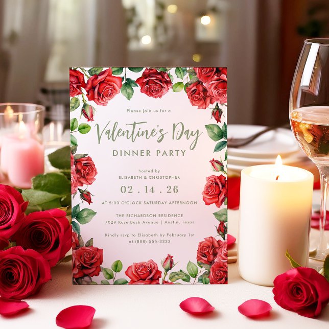 Elegant Valentine's Day Red Roses Floral Dinner Invitation (Creator Uploaded)