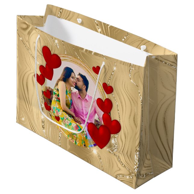 Elegant Valentines, Love, Anniversary Red Heart Large Gift Bag (Front Angled)