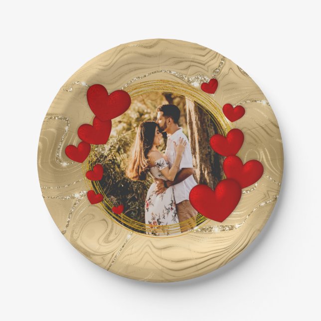 Elegant Valentines, Love, Anniversary Red Hearts Paper Plates (Front)