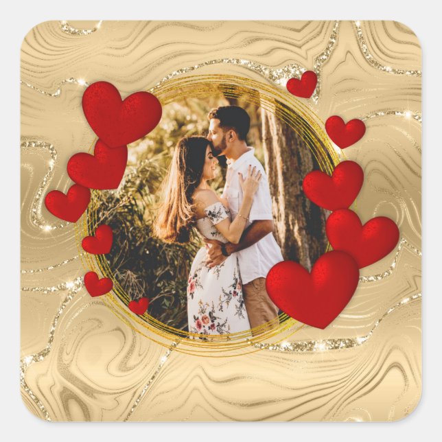 Elegant Valentines, Love, Anniversary Red Hearts Square Sticker (Front)