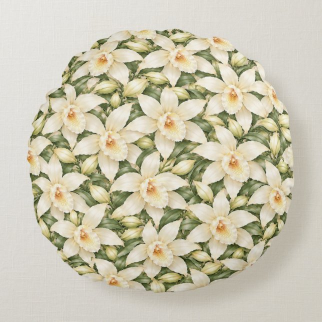 Elegant Vanilla Blossom Pattern Round Pillow (Front)