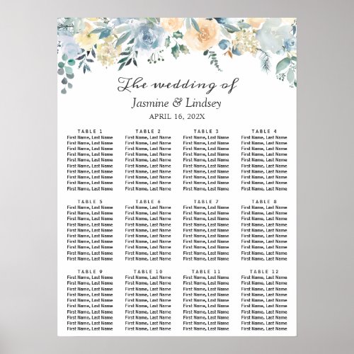 Elegant Vanilla Blue Floral Wedding Seating Chart