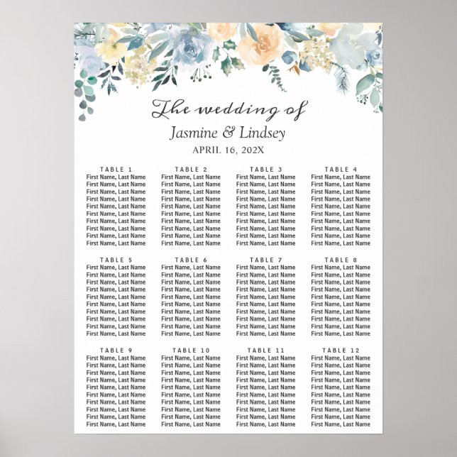 Elegant Vanilla Blue Floral Wedding Seating Chart (Front)