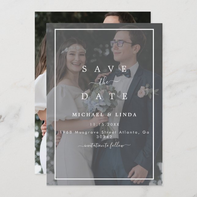 Elegant Vellum Black & White Overlay Photo Wedding Save The Date (Front/Back)