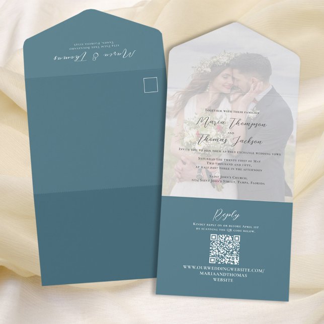 Elegant Vellum Photo Overlay Blue | QR Code RSVP All In One Invitation (Creator Uploaded)