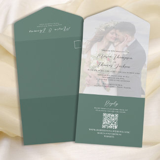 Elegant Vellum Photo Overlay Green | QR Code RSVP All In One Invitation