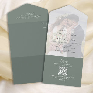 Elegant Vellum Photo Overlay Green   QR Code RSVP All In One Invitation