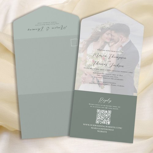 Elegant Vellum Photo Overlay Green  QR Code RSVP All In One Invitation