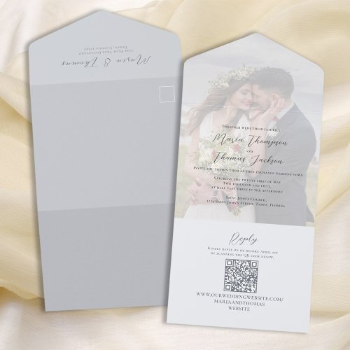 Elegant Vellum Photo Overlay Light Blue  QR Code All In One Invitation