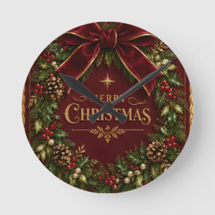 Elegant Velvet Bow Christmas, Luxury Botanical Round Clock