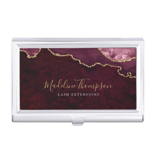Elegant Velvet Burgundy Red Marble Agate Geode Business Card Case (Front)