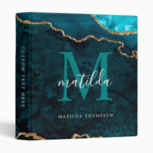 Elegant Velvet Teal Green Marble Agate Monogram 3 Ring Binder
