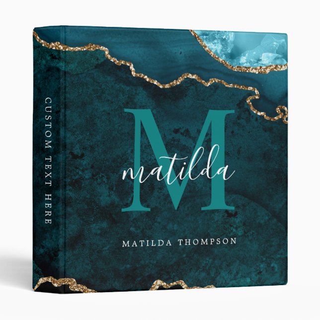 Elegant Velvet Teal Green Marble Agate Monogram 3 Ring Binder (Front/Spine)