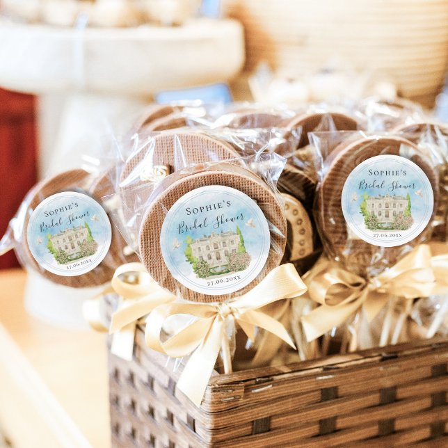 Elegant Venue Fountain Doves flowers Bridal Shower Classic Round Sticker (Creator Uploaded)