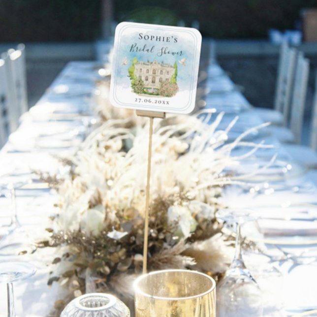 Elegant Venue Fountain Doves flowers Bridal Shower Square Sticker (Creator Uploaded)