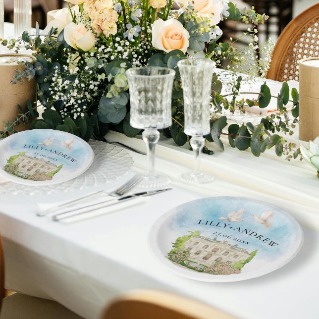 Elegant Venue | Fountain doves Wedding Luxury Paper Plates (Creator Uploaded)