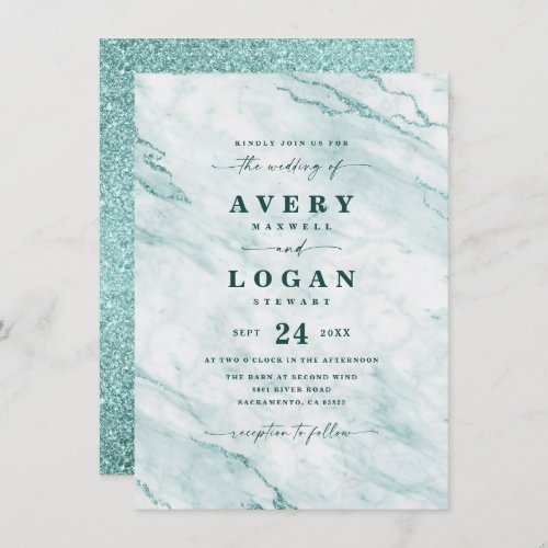 Elegant Verde Green Marble  Glitter Wedding Invitation