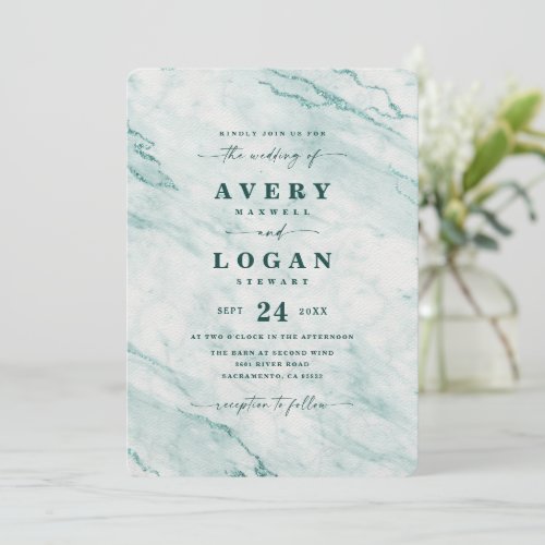 Elegant Verde Green Metallic Marble Wedding Invitation