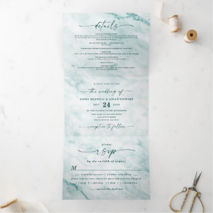 Elegant Verde Pastel Green Metallic Marble Wedding Tri-Fold Invitation