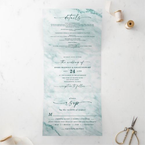 Elegant Verde Pastel Green Metallic Marble Wedding Tri_Fold Invitation