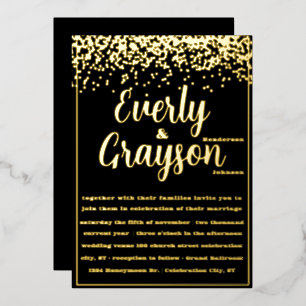 Elegant Veri Black and Gold Confetti Wedding Foil Invitation