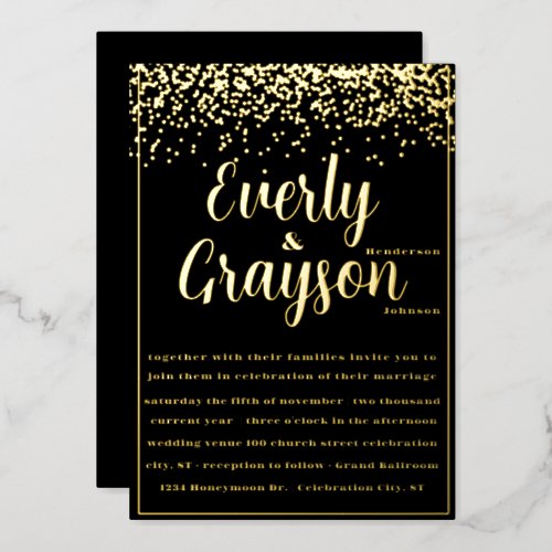 Elegant Veri Black and Gold Confetti Wedding   Foil Invitation