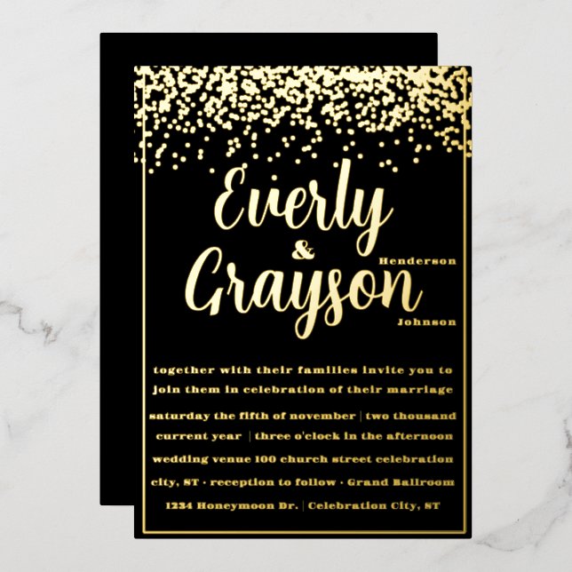 Elegant Veri Black and Gold Confetti Wedding   Foil Invitation (Front/Back)