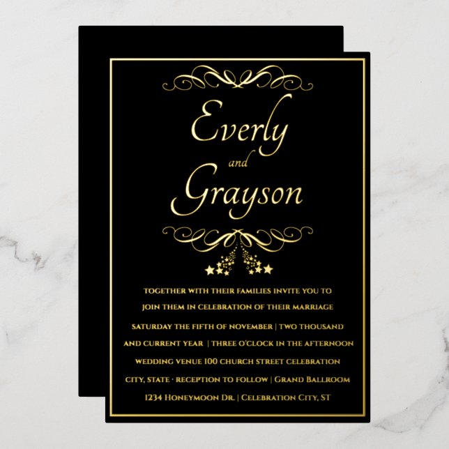Elegant Veri Black and Gold Wedding    Foil Invitation (Front/Back)