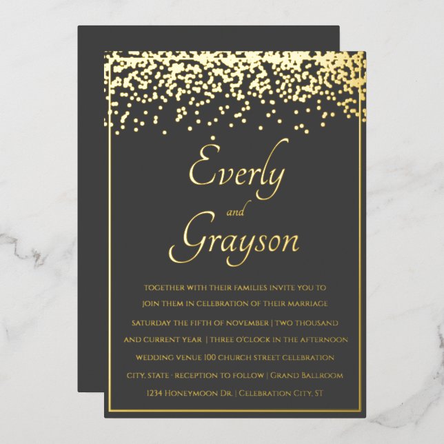 Elegant Veri Charcoal and Gold Wedding   Foil Invitation (Front/Back)