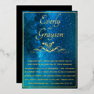 Elegant Veri Moody Shades of Blue Wedding Gold Foil Invitation