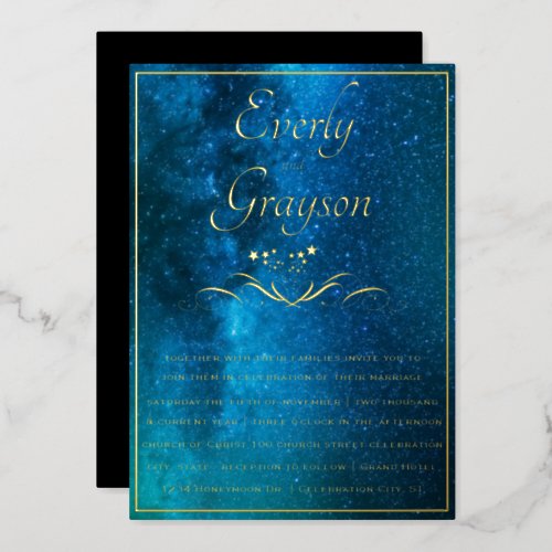 Elegant Veri Moody Shades of Blue Wedding Gold Foil Invitation