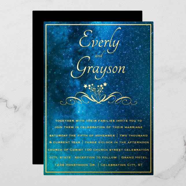 Elegant Veri Moody Shades of Blue Wedding Gold Foil Invitation (Front/Back)