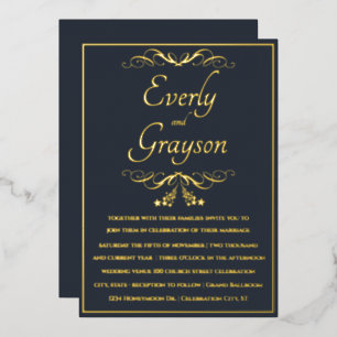 Elegant Veri Navy Blue and Gold Wedding Foil Invitation