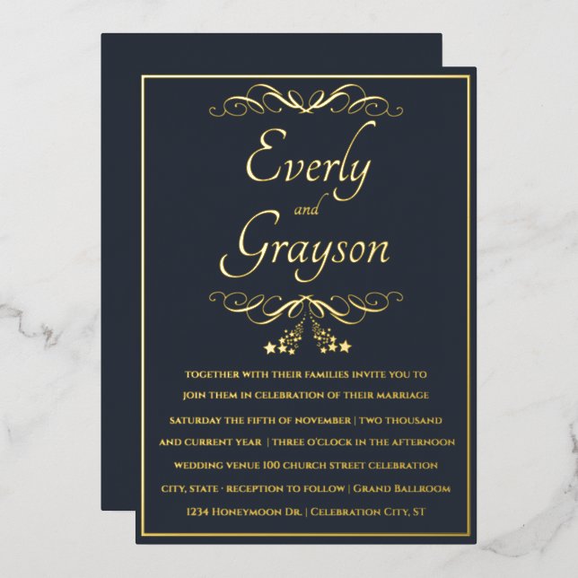 Elegant Veri Navy Blue and Gold Wedding   Foil Invitation (Front/Back)
