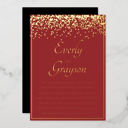 Elegant Veri Red and Gold Confetti Wedding    Foil Invitation